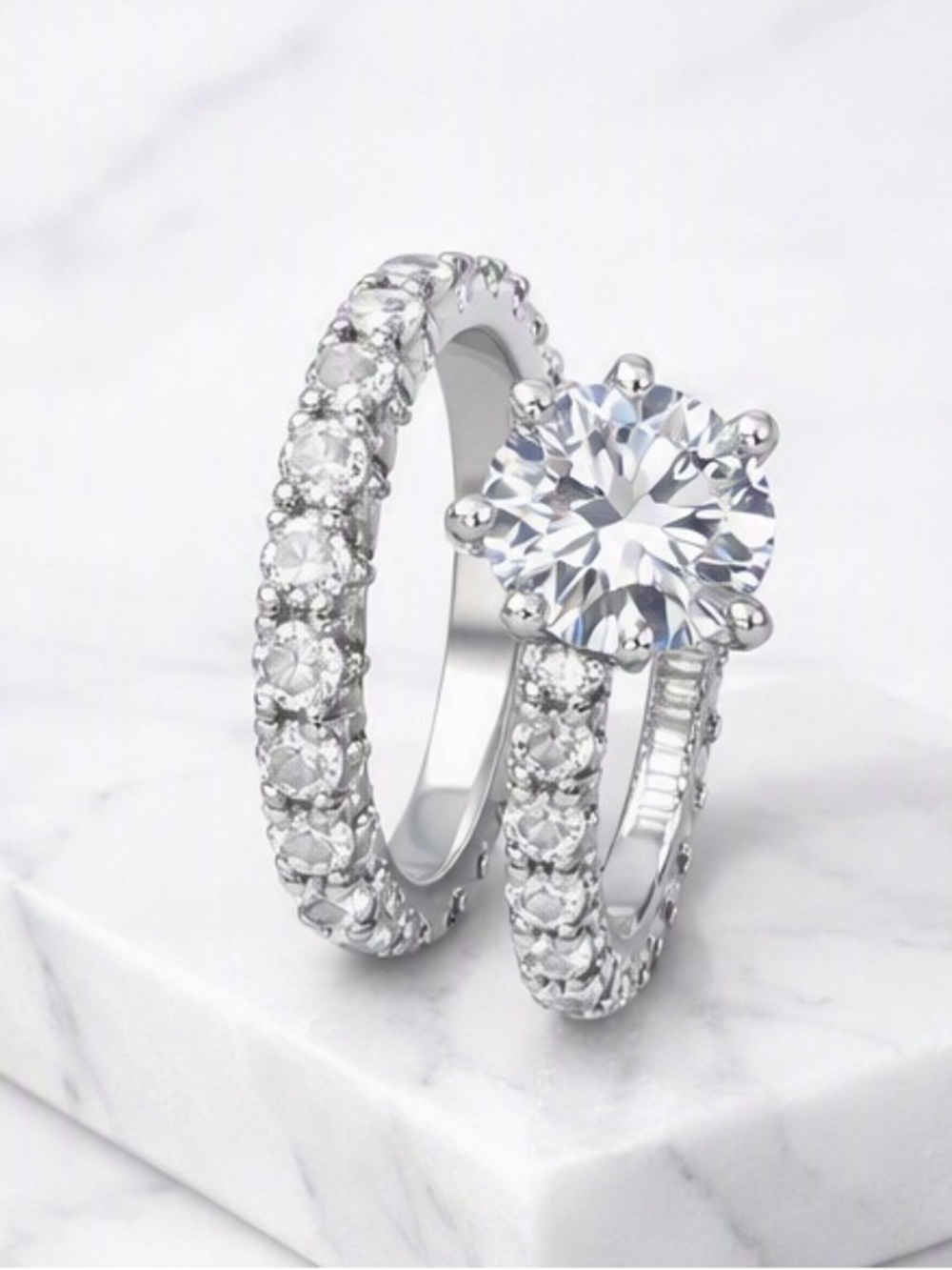 Classic Silver tone Cubic Stone Engagement Ring Set Jewelry